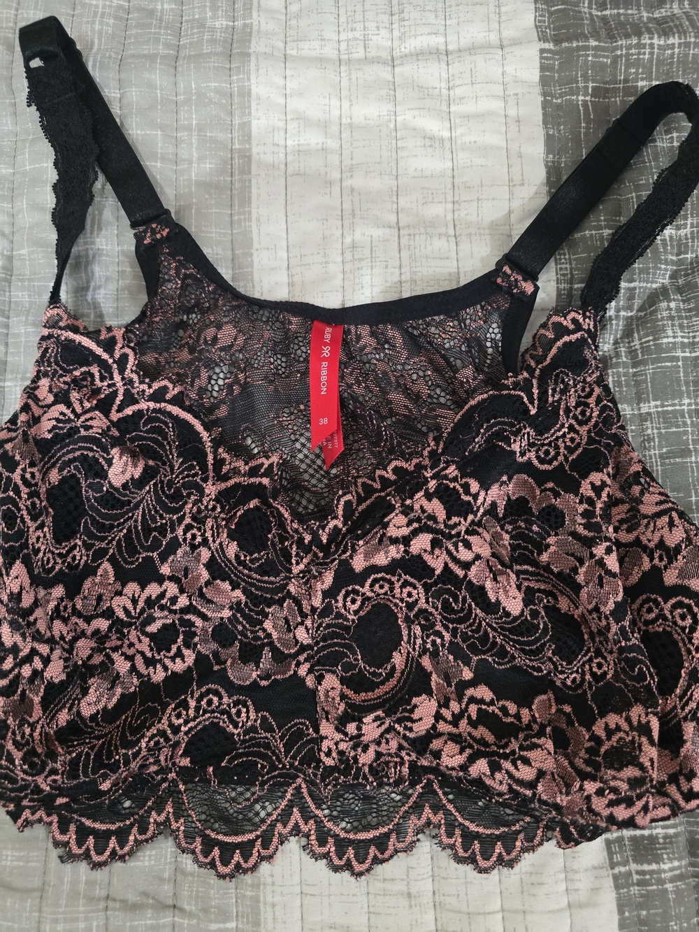 Ruby Ribbon Pink and Black Lace Bralette Size 38